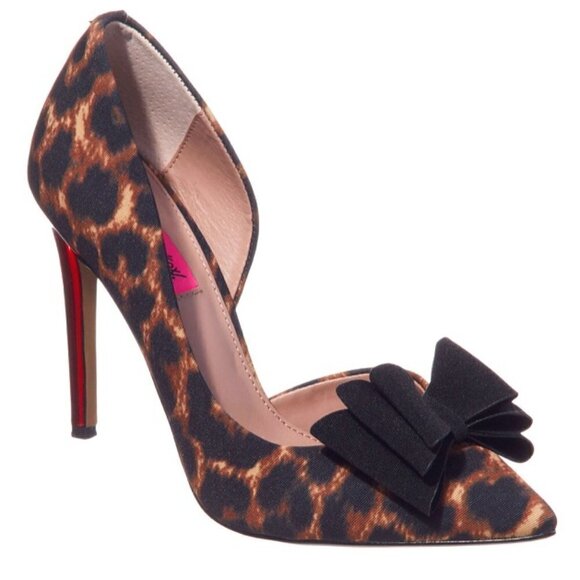 Betsey Johnson SZ 5 Prince P Leopard Print Red Stiletto Heel Black Bow Detail - Picture 1 of 9